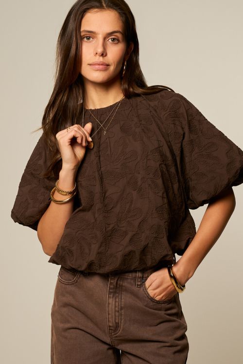 Bruine ballon top met embroidery