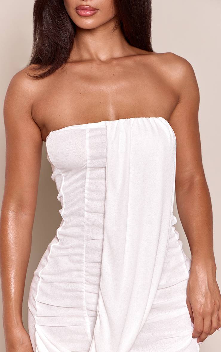 Crème Robe Mini Moulante À Encolure Bandeau Drapée En Mesh Dévoré