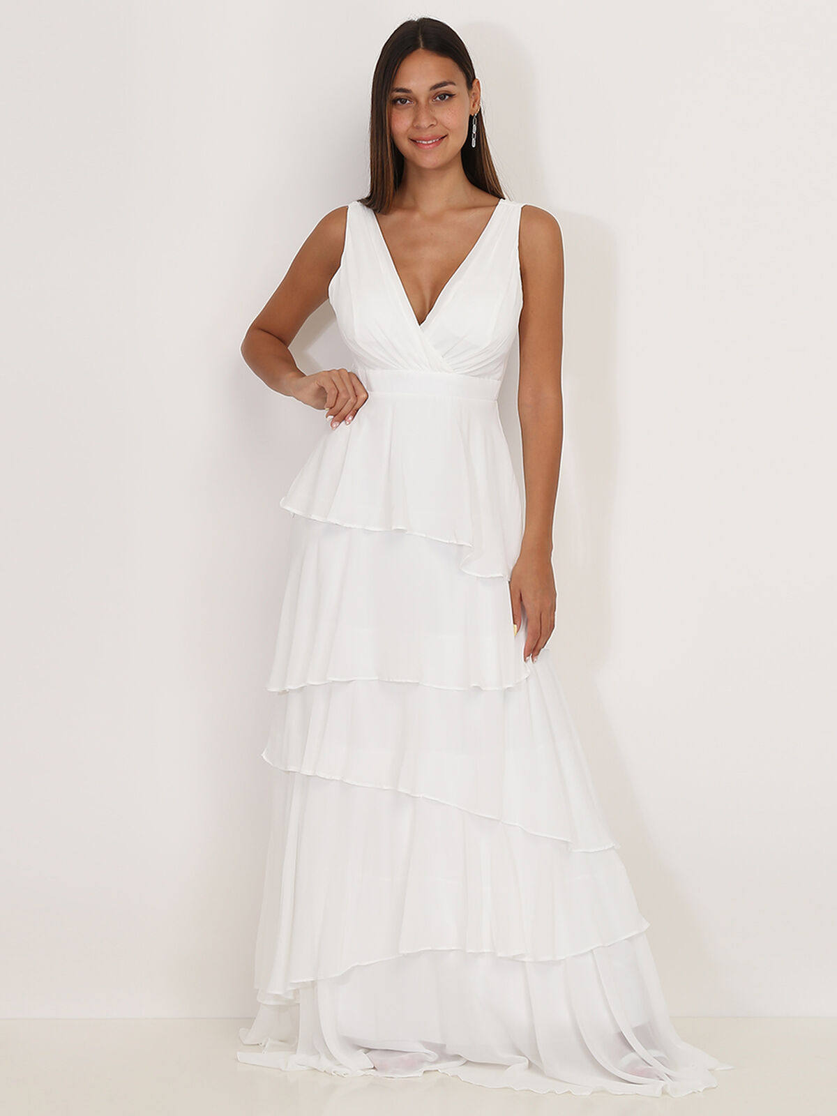 Robe longue à volants- Blanc