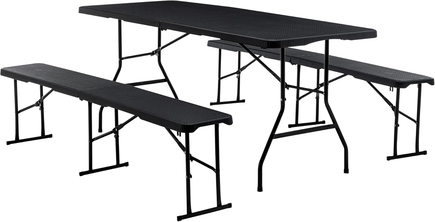 Buffettisch Gartentisch Bierzeltgarnitur Tisch, klappbar 3-teilig Set, 180x70 cm Kunststoff Campingtisch, Rattan-Look für bis zu 8 Personen, robuste wetterfest Biertisch Set, Anthrazit