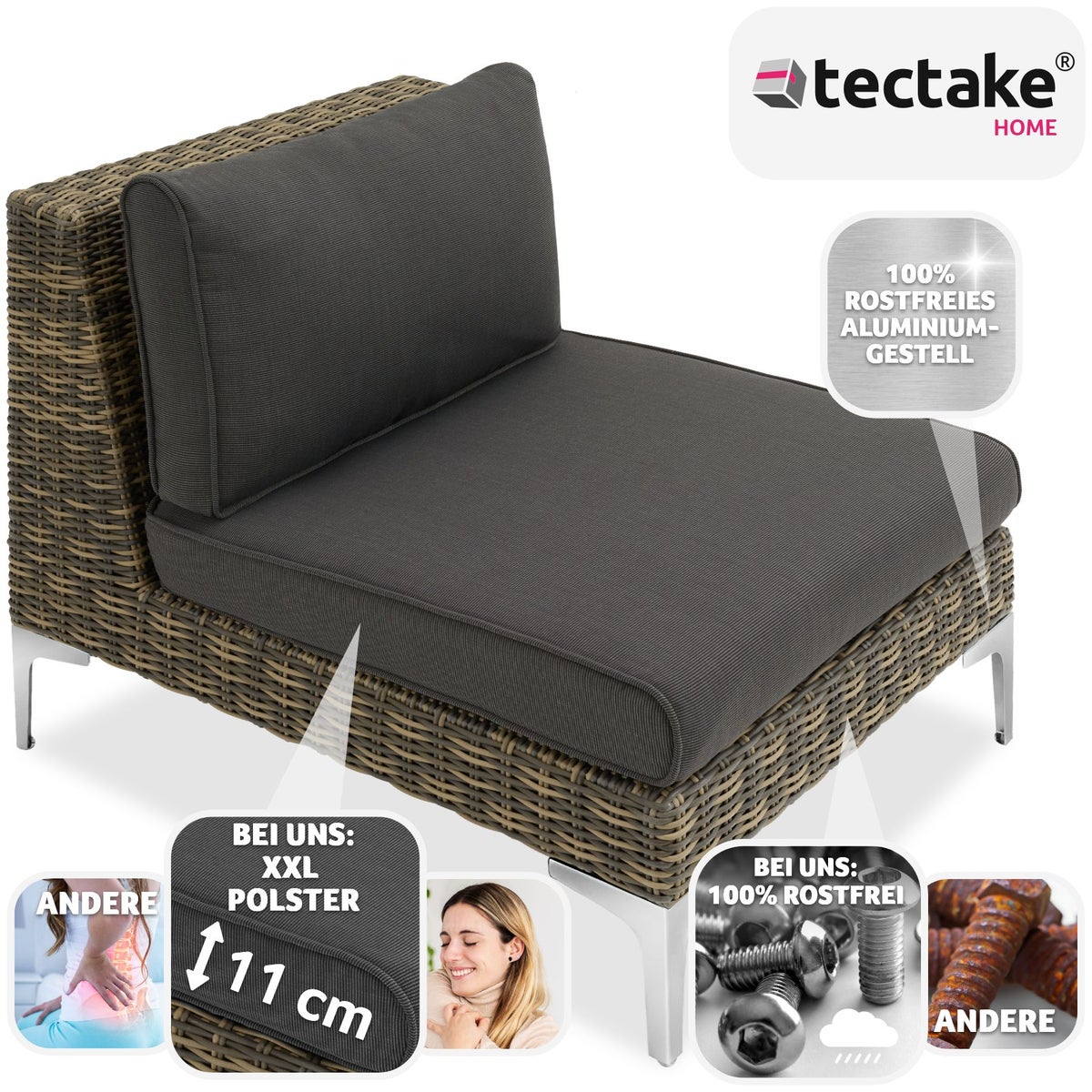 Modulaire rotanset tectake Villanova middenstuk met aluminium frame 69 x 89 x 72 cm