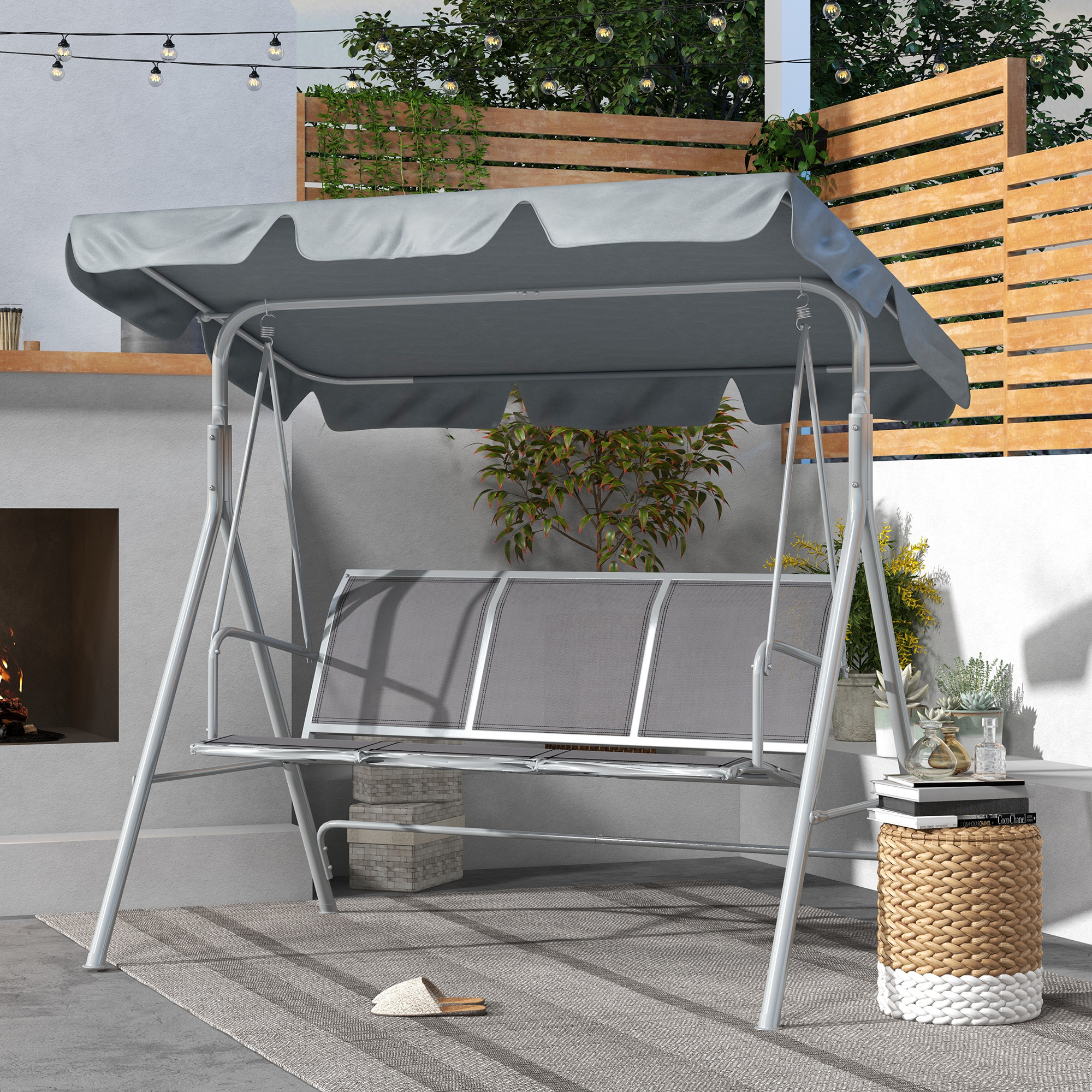 Balanço de jardim Outsunny para 3 pessoas com cobertura ajustável, encosto respirável e estrutura de metal para varanda ou pátio, capacidade de carga de 240 kg, 171 x 108 x 154 cm, cinza.