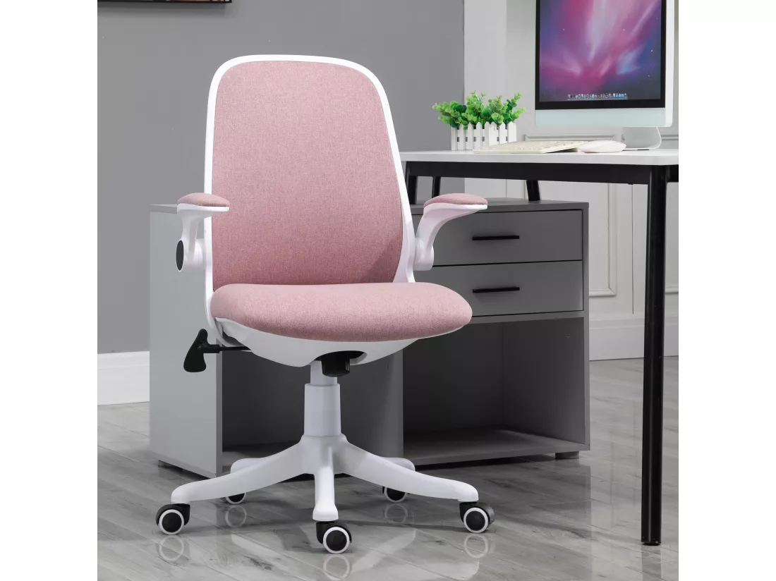 Vinsetto Chaise de bureau tissu lin hauteur réglable pivotante 360° accoudoirs relevables support lombaires réglable rose