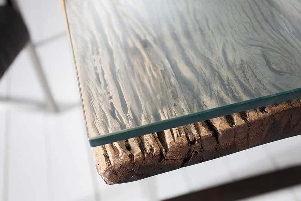 Massiver Esstisch BARRACUDA 240cm antik Teak Holz mit Stahl Kufenfüßen inkl. Glasplatte