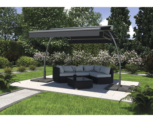 Vrijstaande zonnescherm Biella 3.95x3, doek effen grijs, frame RAL 7022 umbragrijs, inclusief motor en LED-verlichting