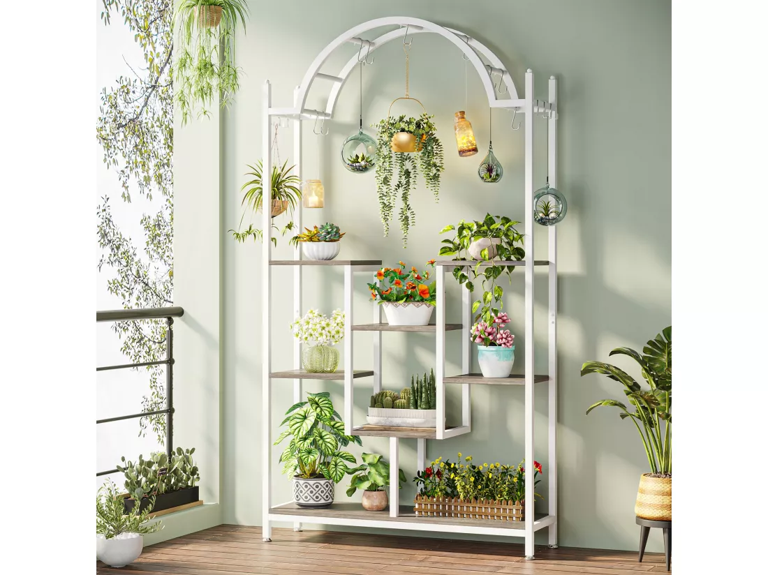 Support pour plantes d'intérieur à 5 niveaux - Étagère arquée en métal avec crochets de suspension, Blanc et gris