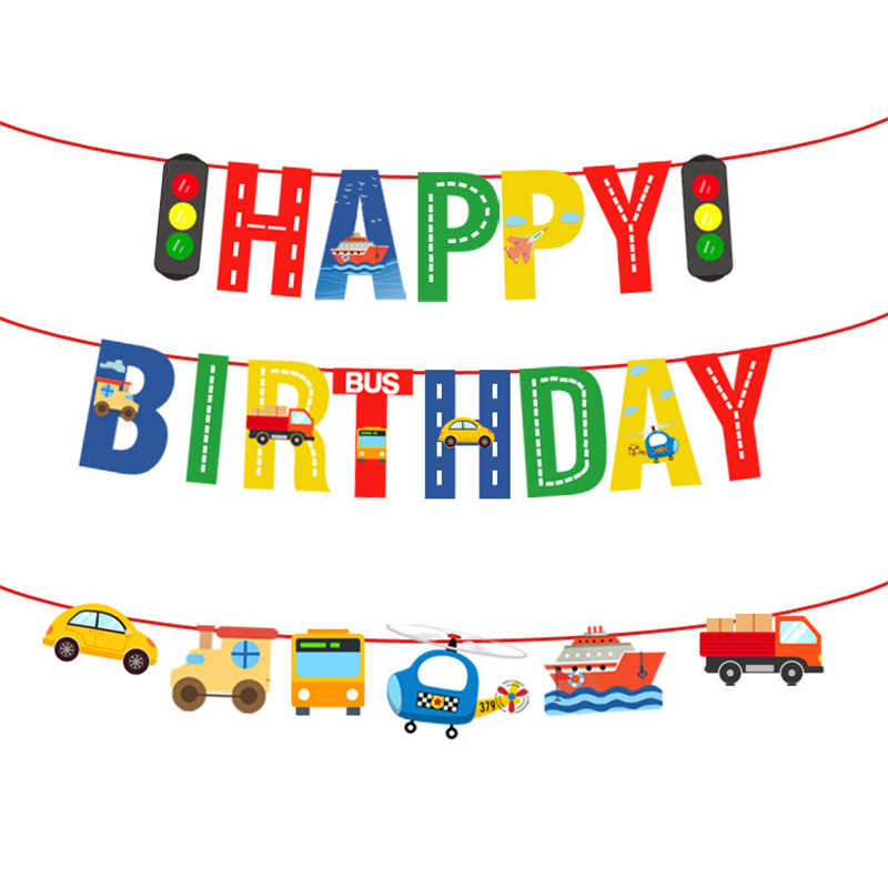 (13-tlg. Set) Happy Birthday Girlande Fahrzeuge Kinder Geburtstags Party Deko   Folienballons / Sticker - Bunt