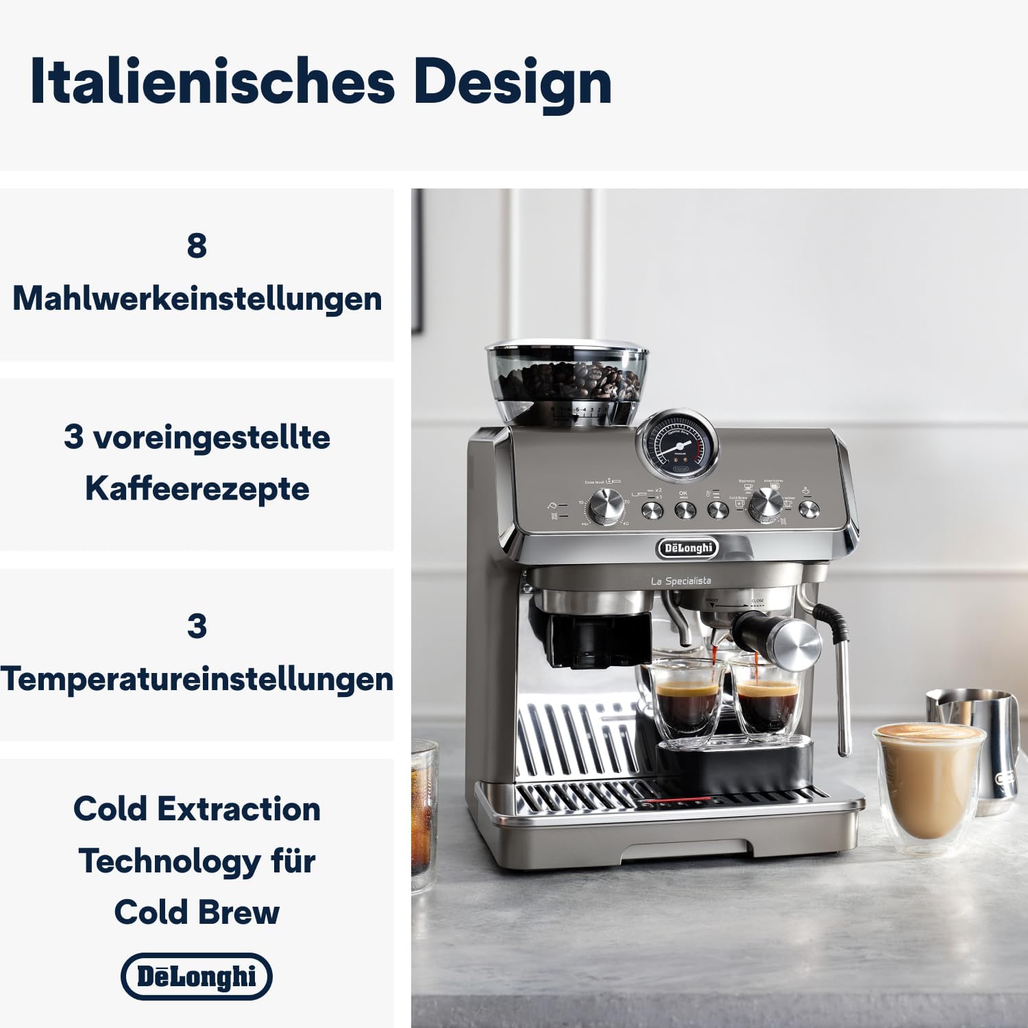 De'Longhi Siebträgermaschine La Specialista Arte Evo Cold Brew EC9255T, Espressomaschine mit Mahlwerk inkl Barista-Kit, Cold Brew-Funktion, 8 Mahlgrade, 15 Bar, 3 Temperaturen, Milchschaumdüse, Titan