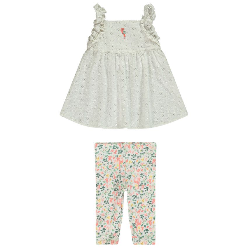 Ensemble 2 pièces avec tunique en broderie anglaise pour bébé fille - Ecru