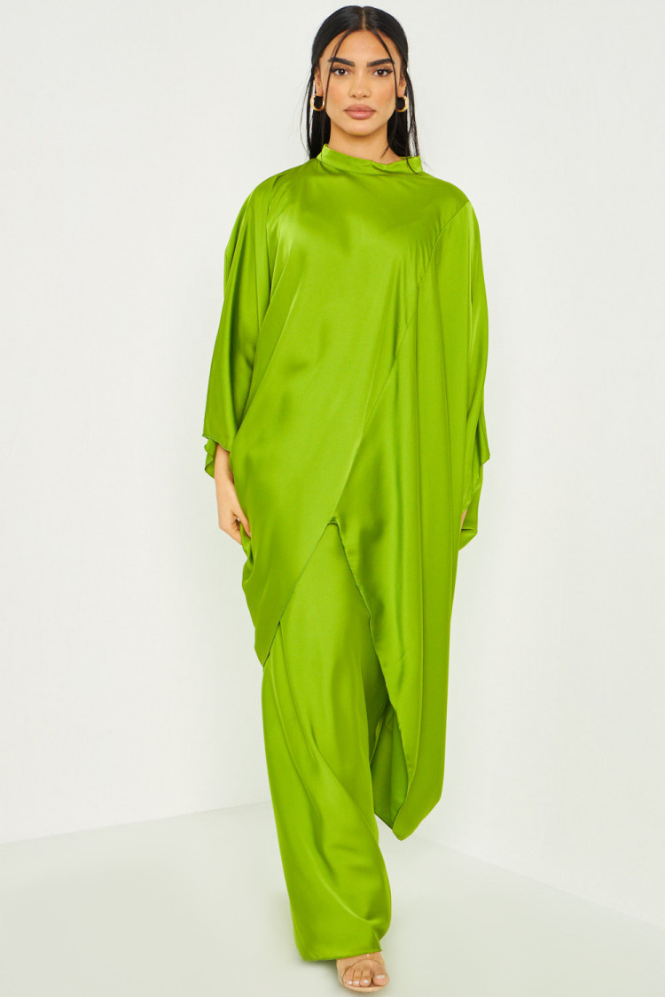Ensemble 2 pièces tunique + jupe longue satiné vert clair