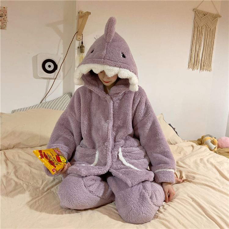 Sisyphi - Pyjamaset: Cartoon Shark Fleece Top met capuchon + Broek