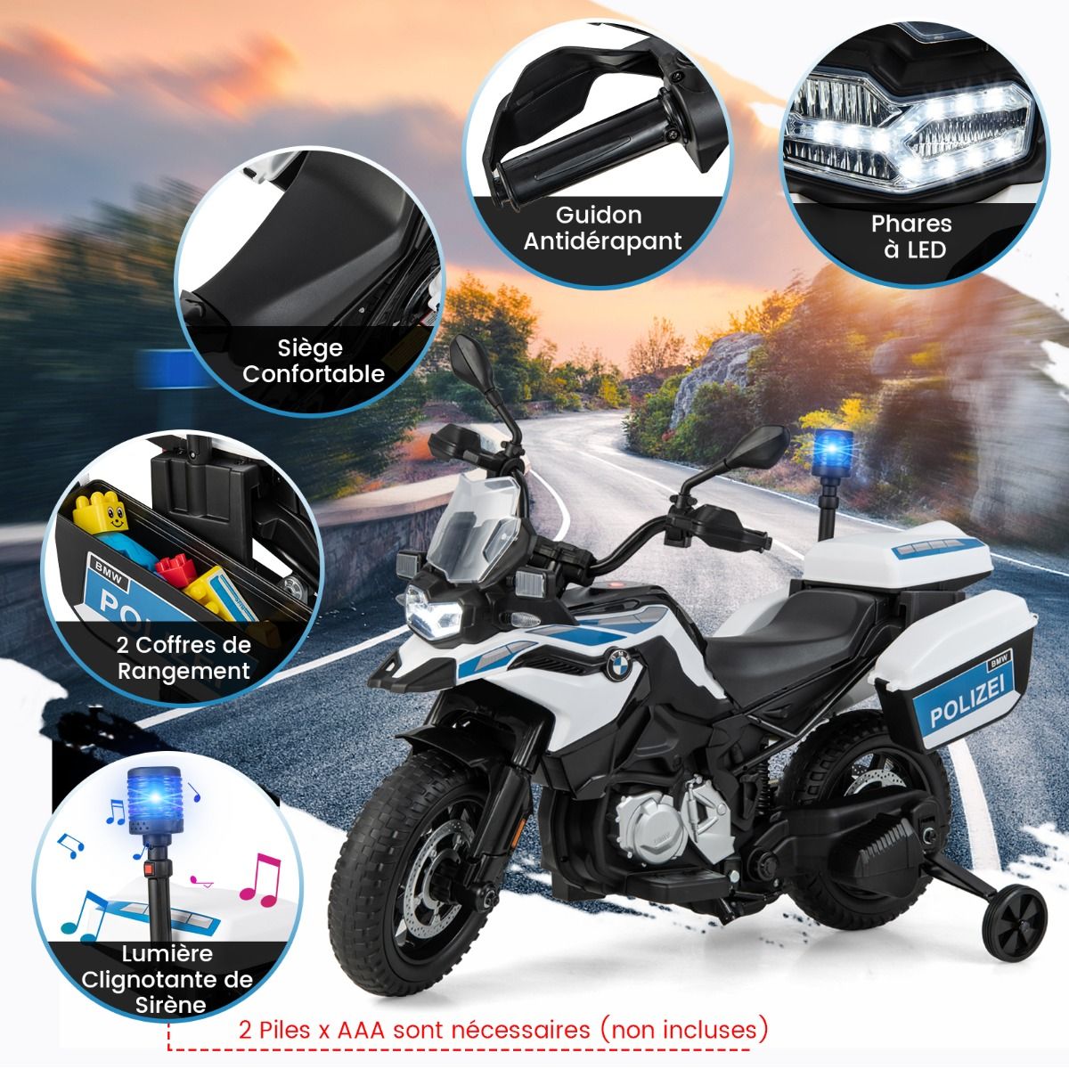 Moto Électrique BMW 12V/7AH pour Enfants 6km/h Modèle Policier avec Klaxon Musique Sirène Phares pour 3-8 Ans - Lidl-Manfred