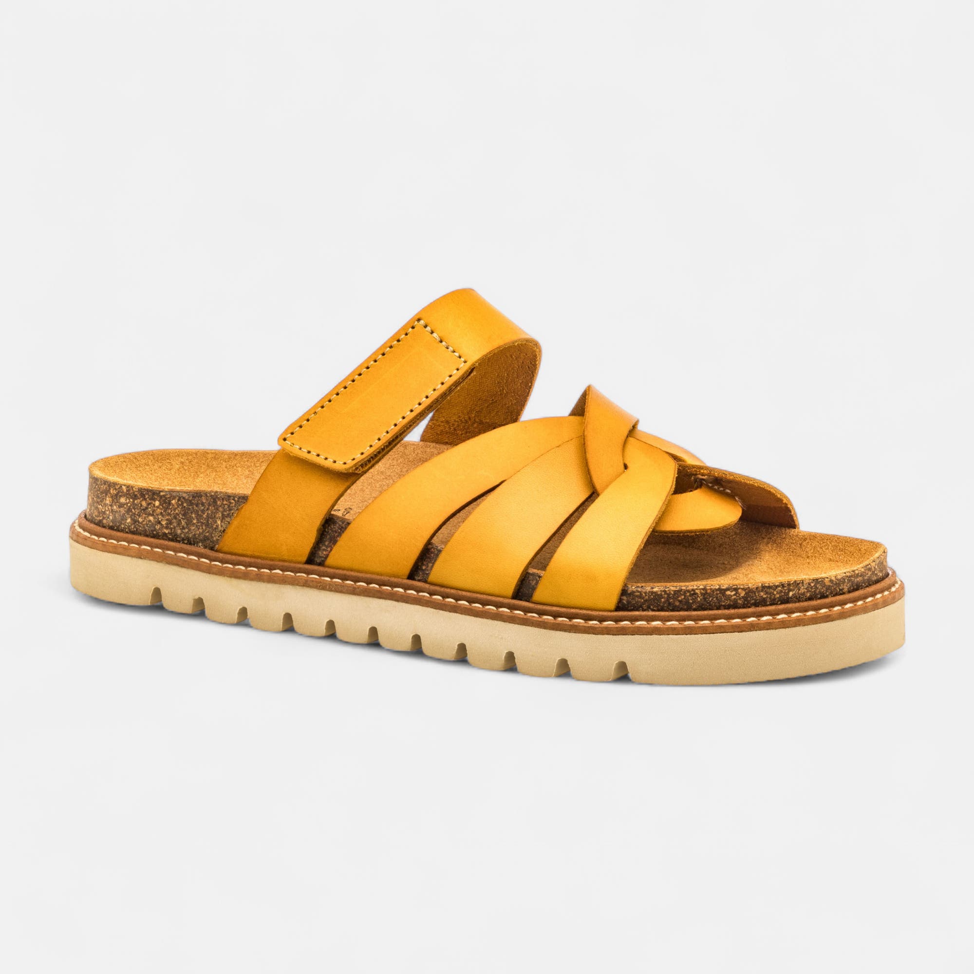 Mules semelle liège Femme en cuir jaune