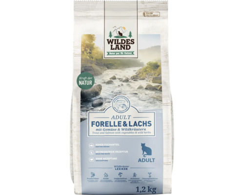 WILDES LAND droogvoer voor katten, forel en zalm, volwassen, met groenten en wilde kruiden, met waardevolle superfoods, graanvrij, glutenvrij, 1,2 kg