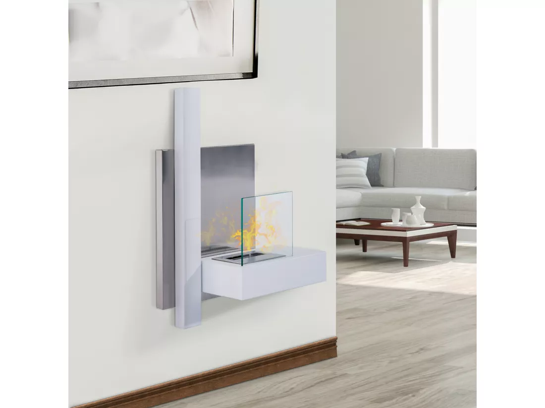 Cheminée bioéthanol murale design Bauhaus 1 brûleur 1,5 L 75L x 22l x 63H cm couverture 20-25 m² acier blanc inox. brossé