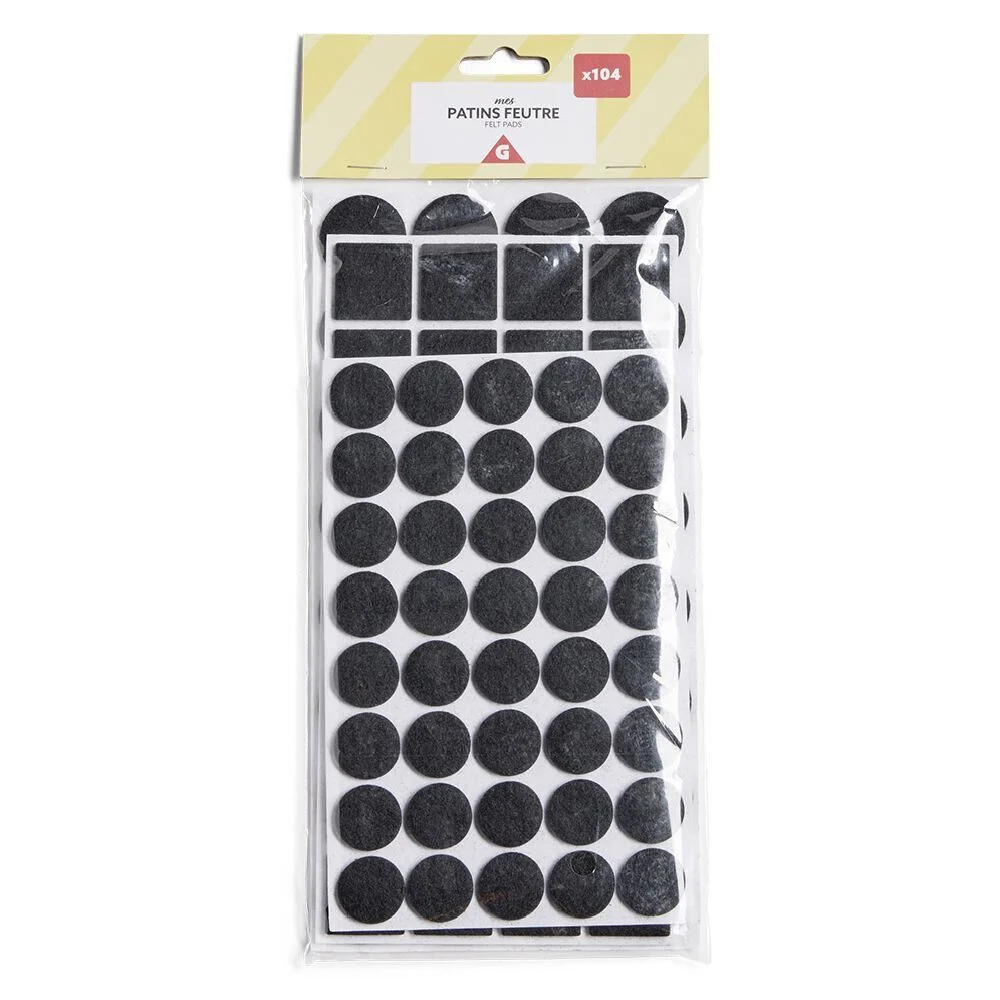 Lot de 104 patins en feutre noir - 3 tailles