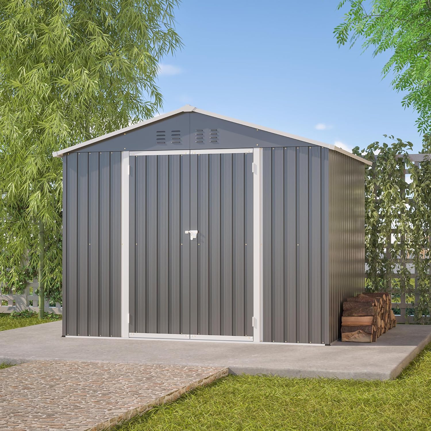 LANTRO JS Gerätehaus Metall 9m³, Geräteschuppen Metall Schuppen mit Klapptür, Gerätehäuser Blech für Werkzeugaufbewahrung, Grau 229.4x180x191cm