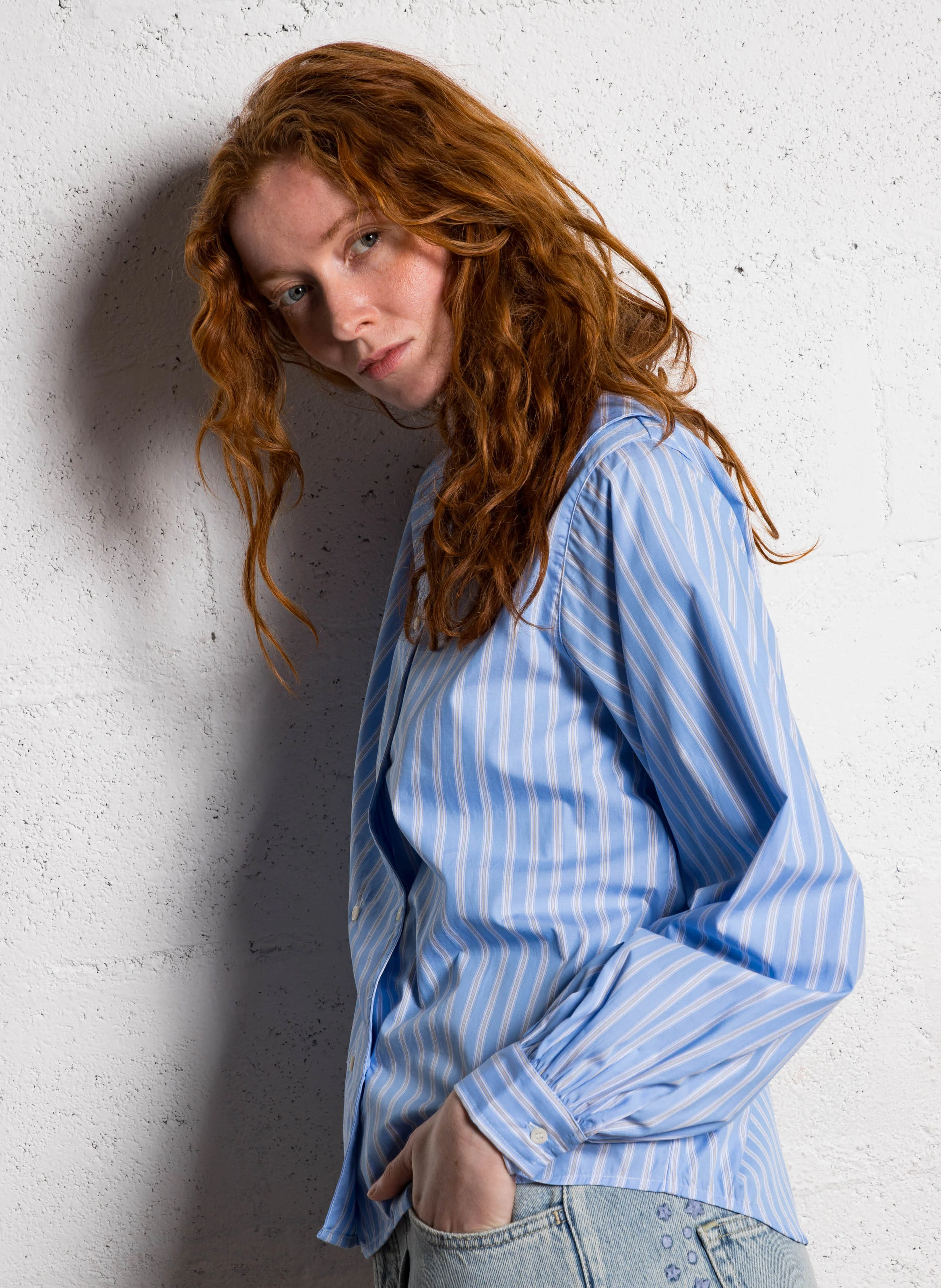Chemise droit rayée en coton| Bleu