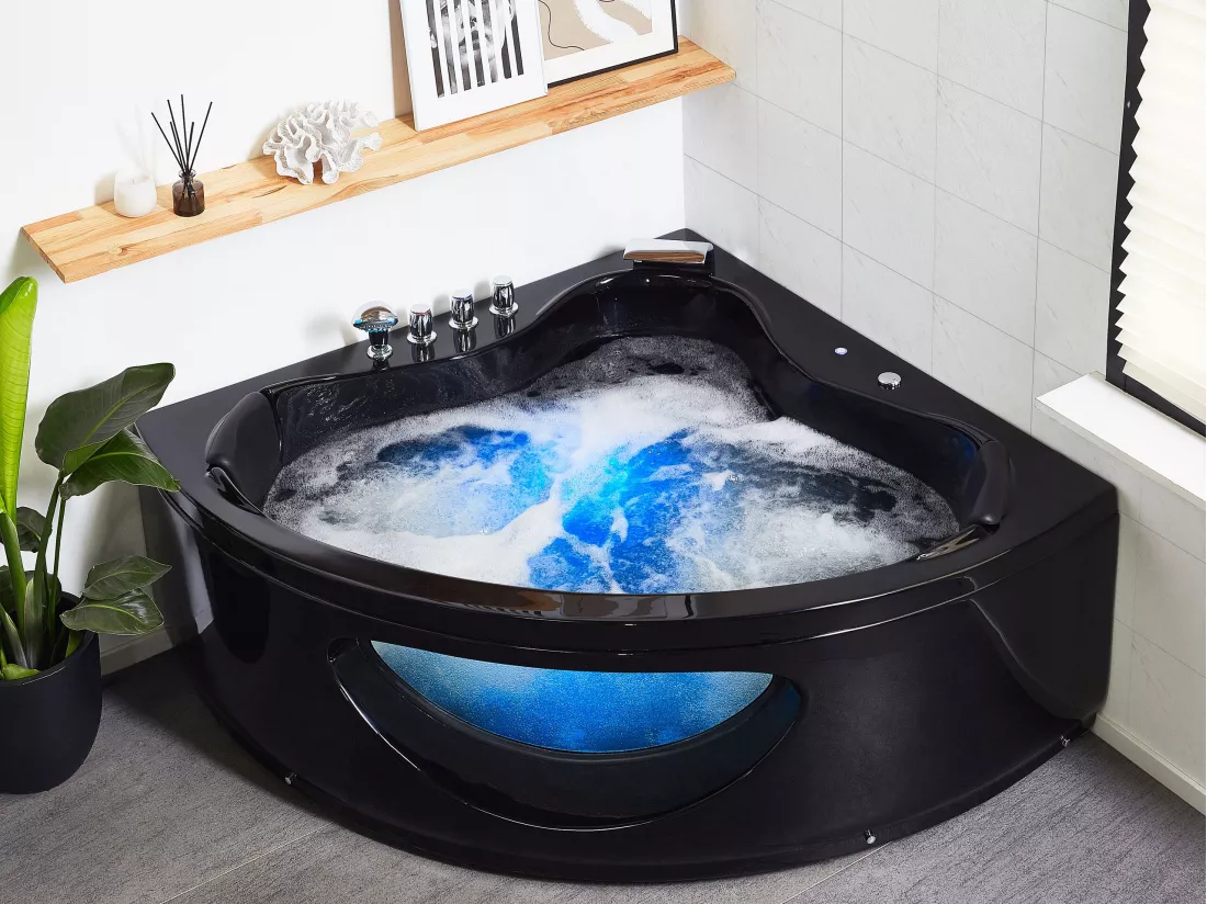 Baignoire d'angle noire 205 x 146 cm avec LED TOCOA