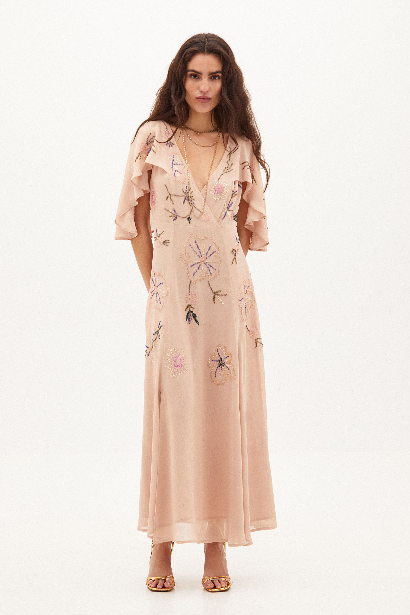 Vestido longo bordado Aina - Rosa