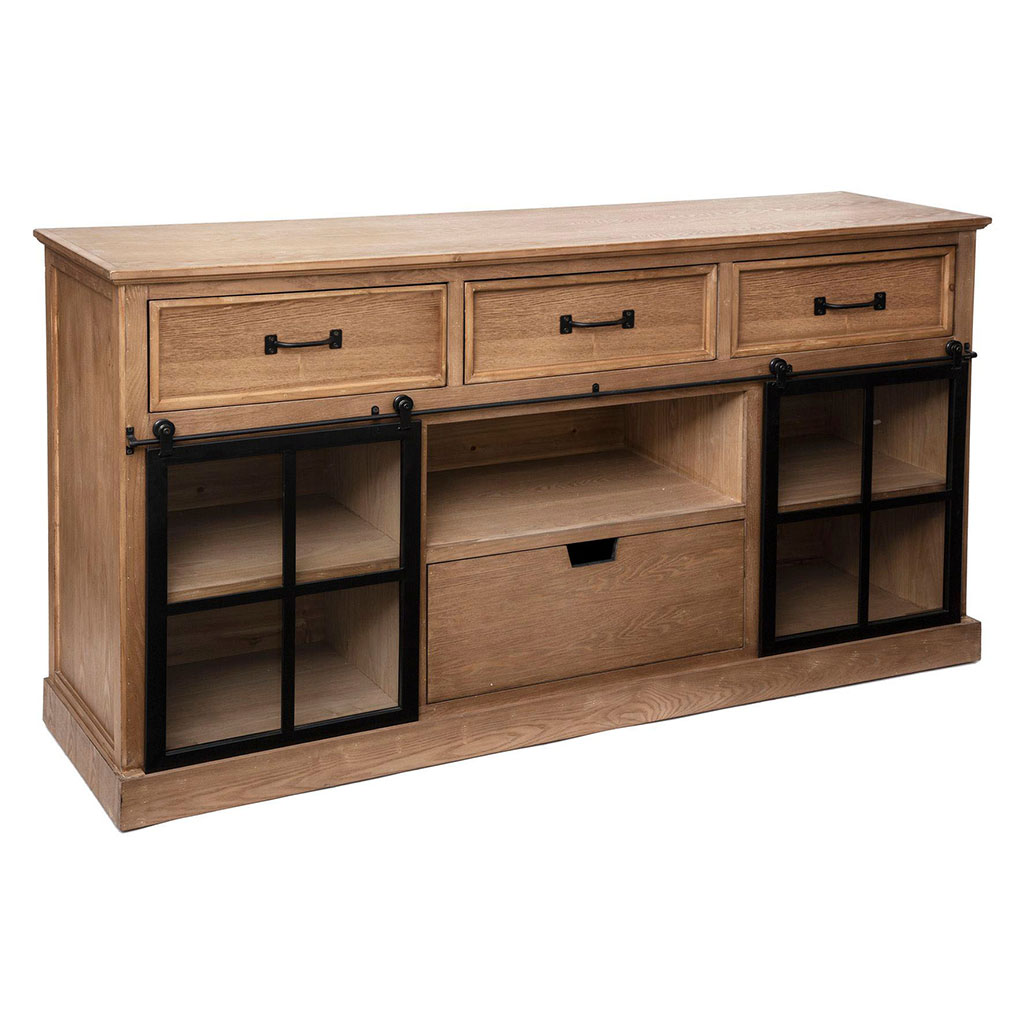 Buffet bois 4 tiroirs verrière 160x85x40cm