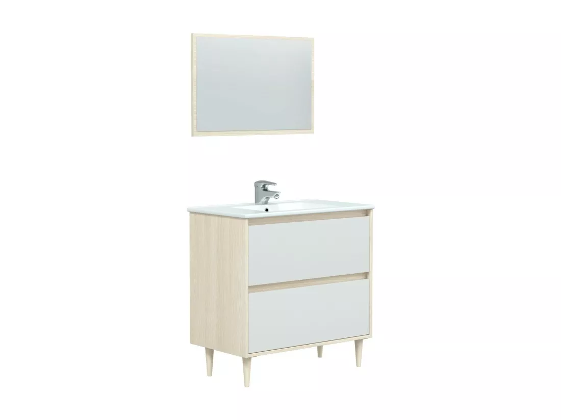 Meuble sous-vasque Yazoo, Meuble sous-vasque de salle de bain, Meuble sous-vasque avec miroir, Lavabo non inclus, 80x45h80 cm, Blanc brillant et chêne