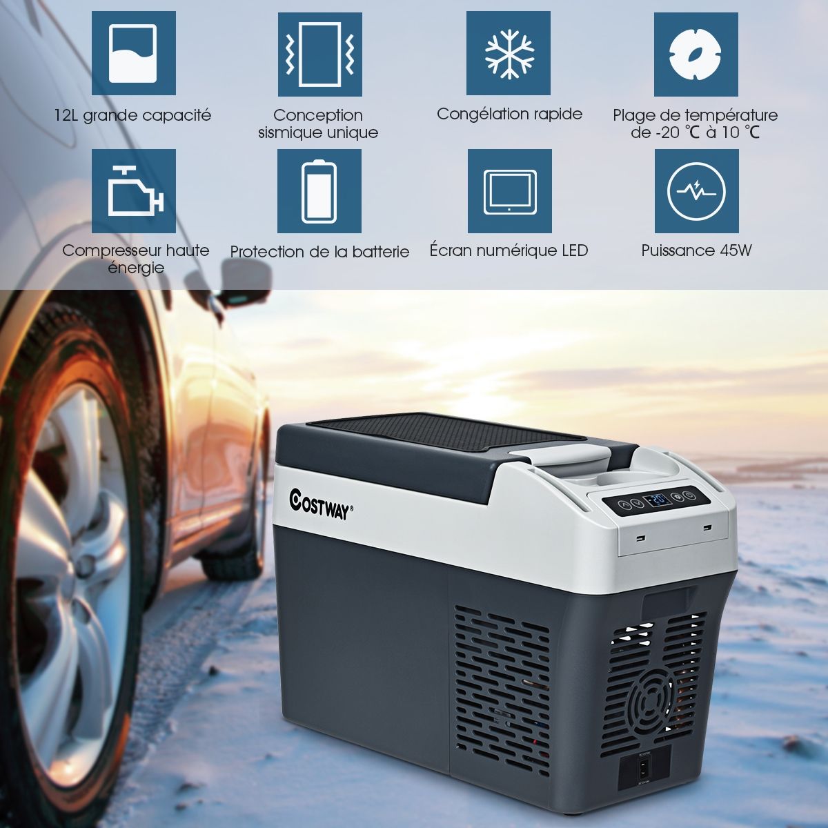 Réfrigérateur Congélateur de Voiture 12L Portable Compresseur -20°C à +10°C Ampoules LED  2 Porte-gobelets 23x53x36cm - Lidl-Manfred