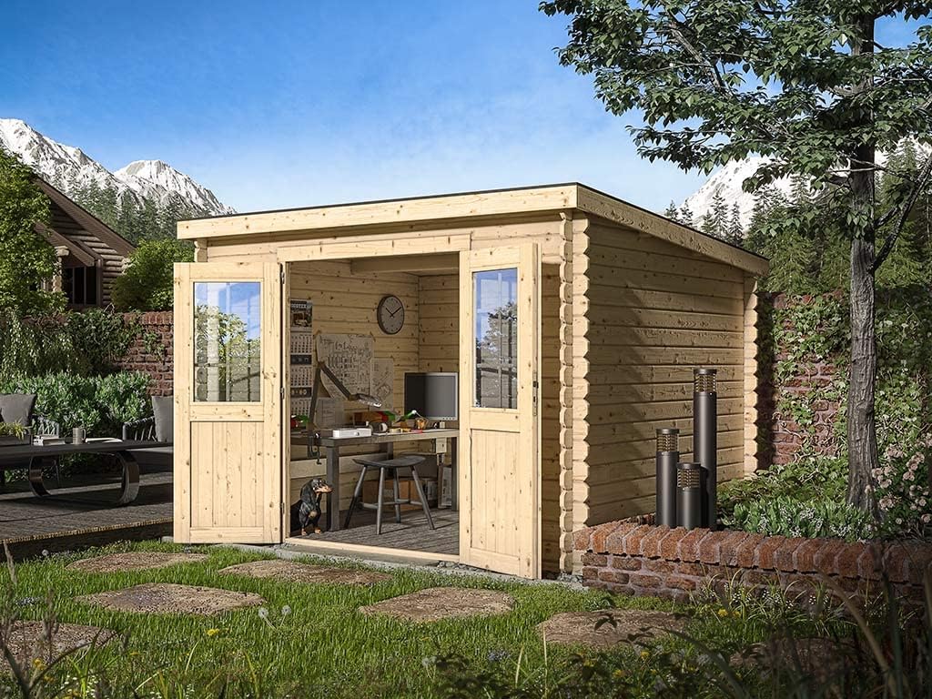 Holz Gartenhaus Blockbohlenhaus CA2974 | Wandstärke 28 mm | Naturbelassen | B x T x H: 298 x 259 x 203 cm | Doppeltür mit Echtglas
