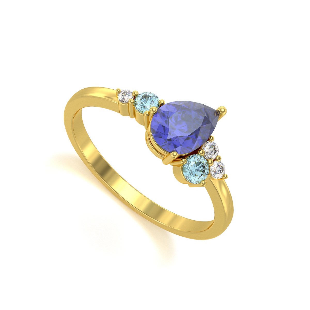 Bague ADEN Or 585 Jaune Tanzanite Aigue-Marine et diamants 2.296grs