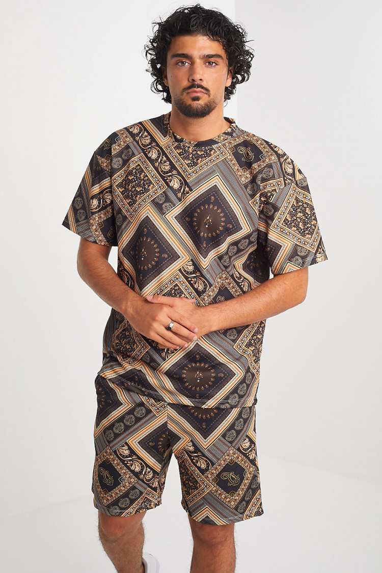Ensemble 2 pièces t-shirt + short noir à motif baroque