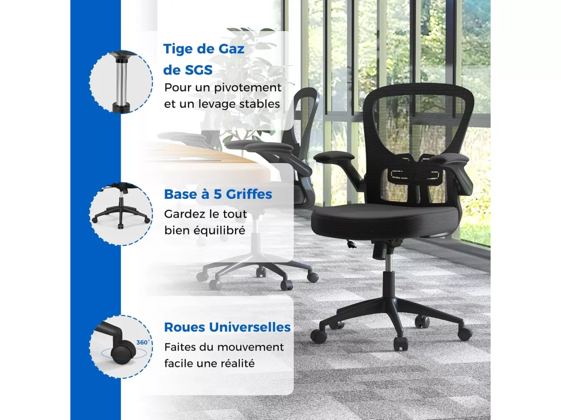 Chaise de Bureau Ergonomique, Chaise Pivotante avec Accoudoirs Escamotables, Soutien Lombaire Réglable et Dossier Basculant de 90° à 120°, pour Bureau, Chambre, Noir