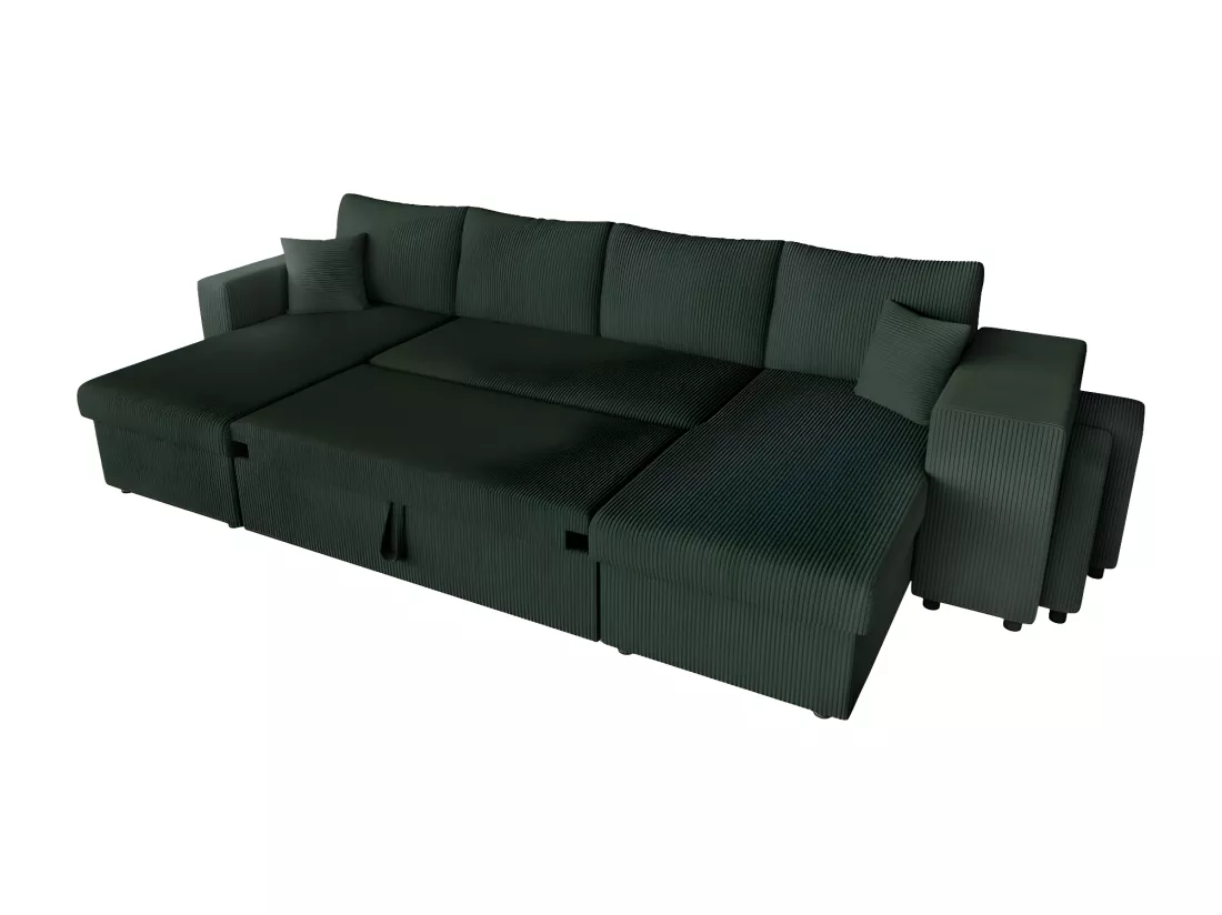 Canapé panoramique Oslo convertible avec 2 coffres, 2 poufs à droite en velours côtelé vert foncé - L311 x P146 x H81cm - Loungitude
