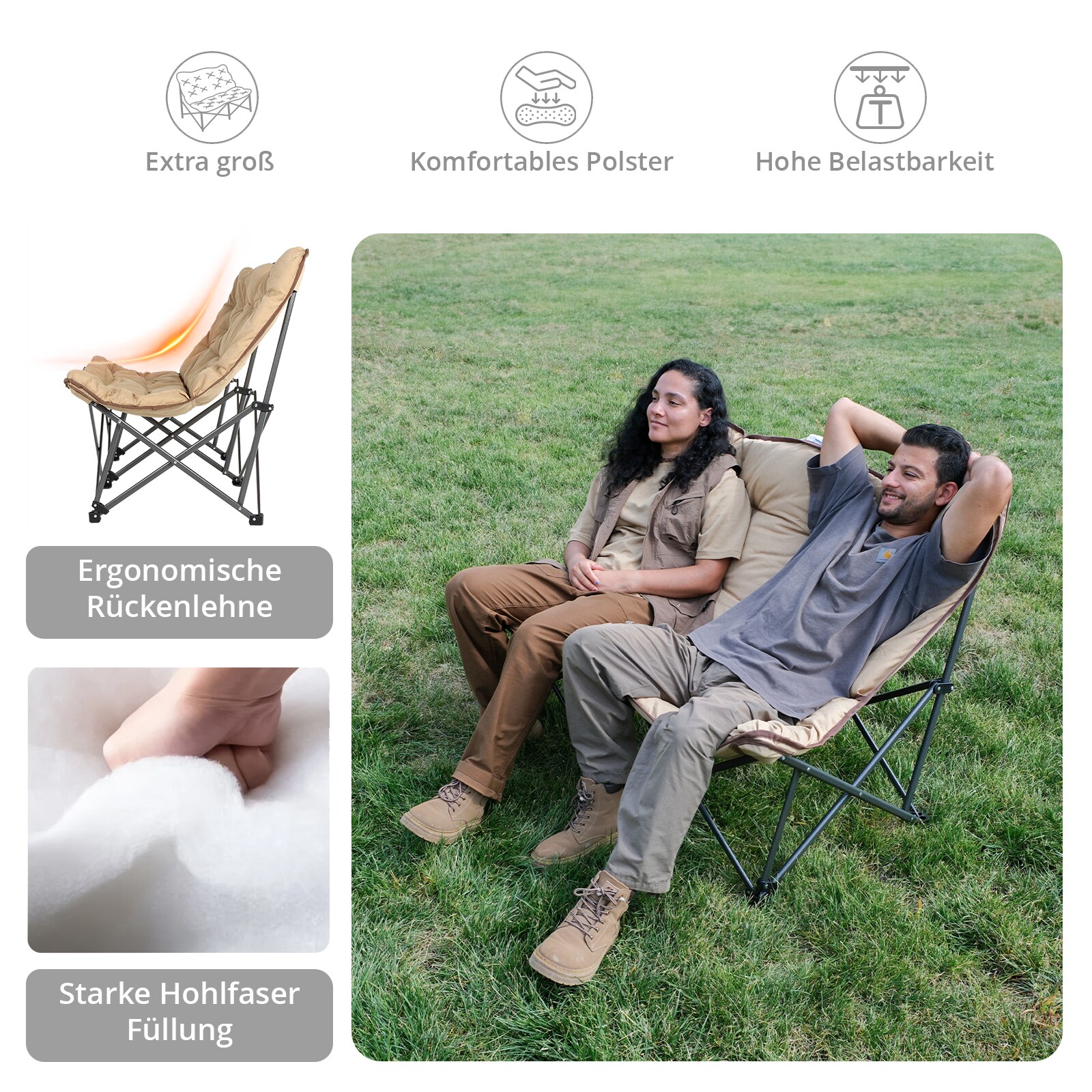 KINGCAMP Camping Sofa Lindon Relax Doppel Lounge Stuhl 2Personen Faltstuhl Couch Farbe: beige