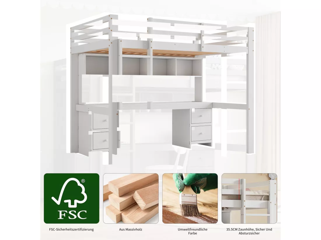 Lit mezzanine 90 x 200 cm avec bureau, bibliothèque, tiroirs et échelle, Bois MDF, Blanc