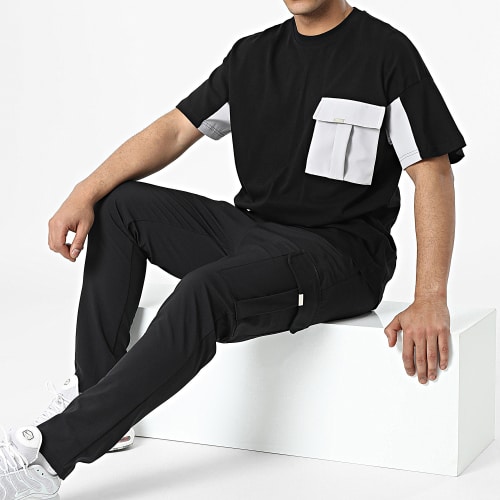 Ensemble Tee Shirt A Poche Poitrine Et Pantalon Cargo LL615 Noir
