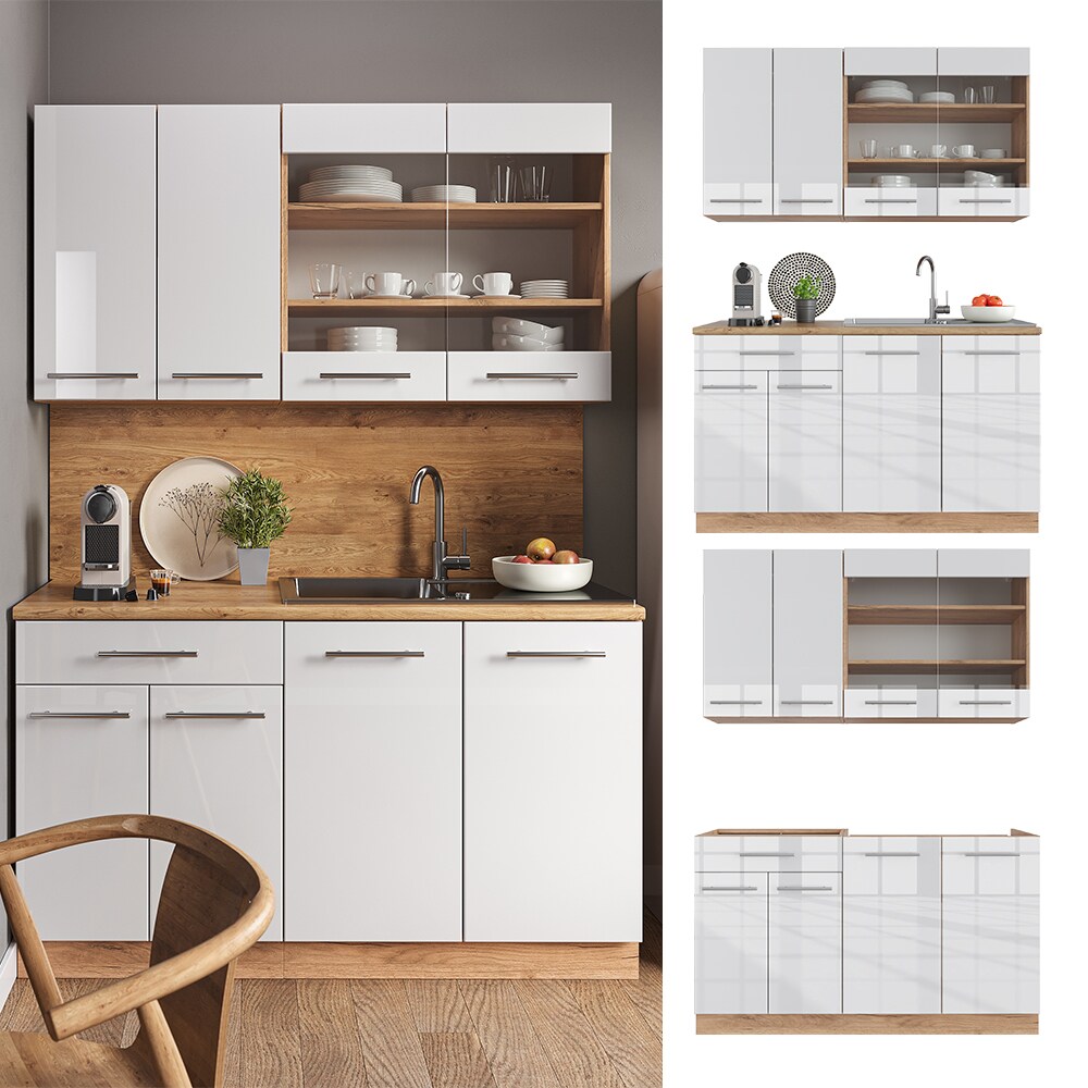 Vicco Küchenzeile Küchenblock Einbauküche Fame-Line Single Eiche Weiß 140 cm modern Küchen Schränke Spülenunterschrank Schubunterschrank Hängeschrank Hängeglasschrank Hochglanz