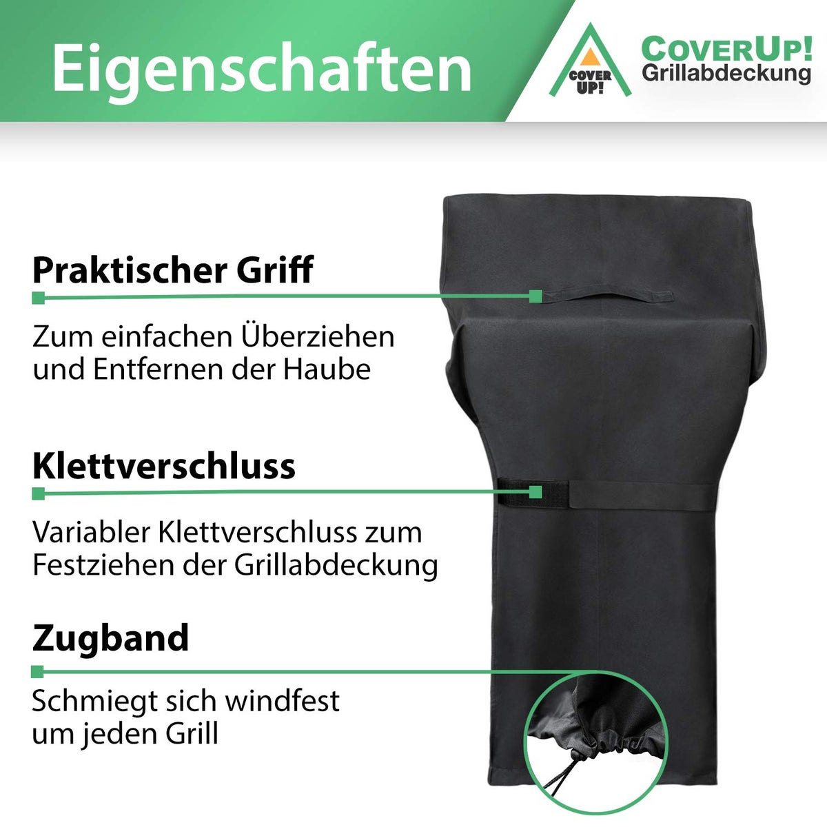 CoverUp! Grillhoes 80 x 65 x 115 cm – Premium Grillhoes BBQ-hoes, weerbestendig – incl. E-book met recepten - zwart