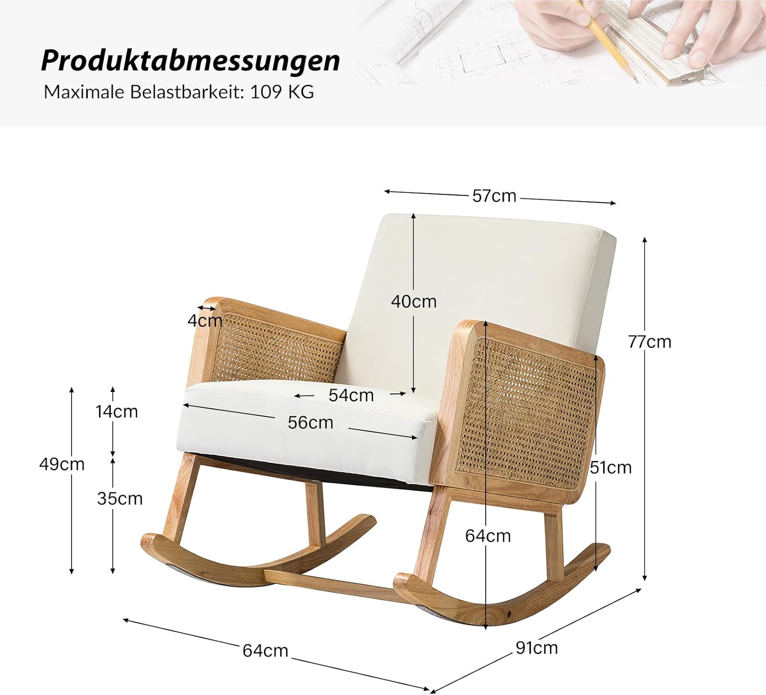 HULALA HOME Schaukelstuhl mit Rattan Armlehnen Wohnzimmer Sessel mit Holzrahmen Schaukelsessel aus Polsterung für Schlafzimmer, Beige