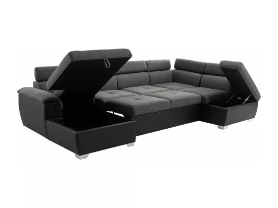 Canapé d'Angle Panoramique 6 Places Paola Convertible en Simili et Tissu Avec Coffres - Gris/Noir - L322 x P196 x H76cm - Loungitude