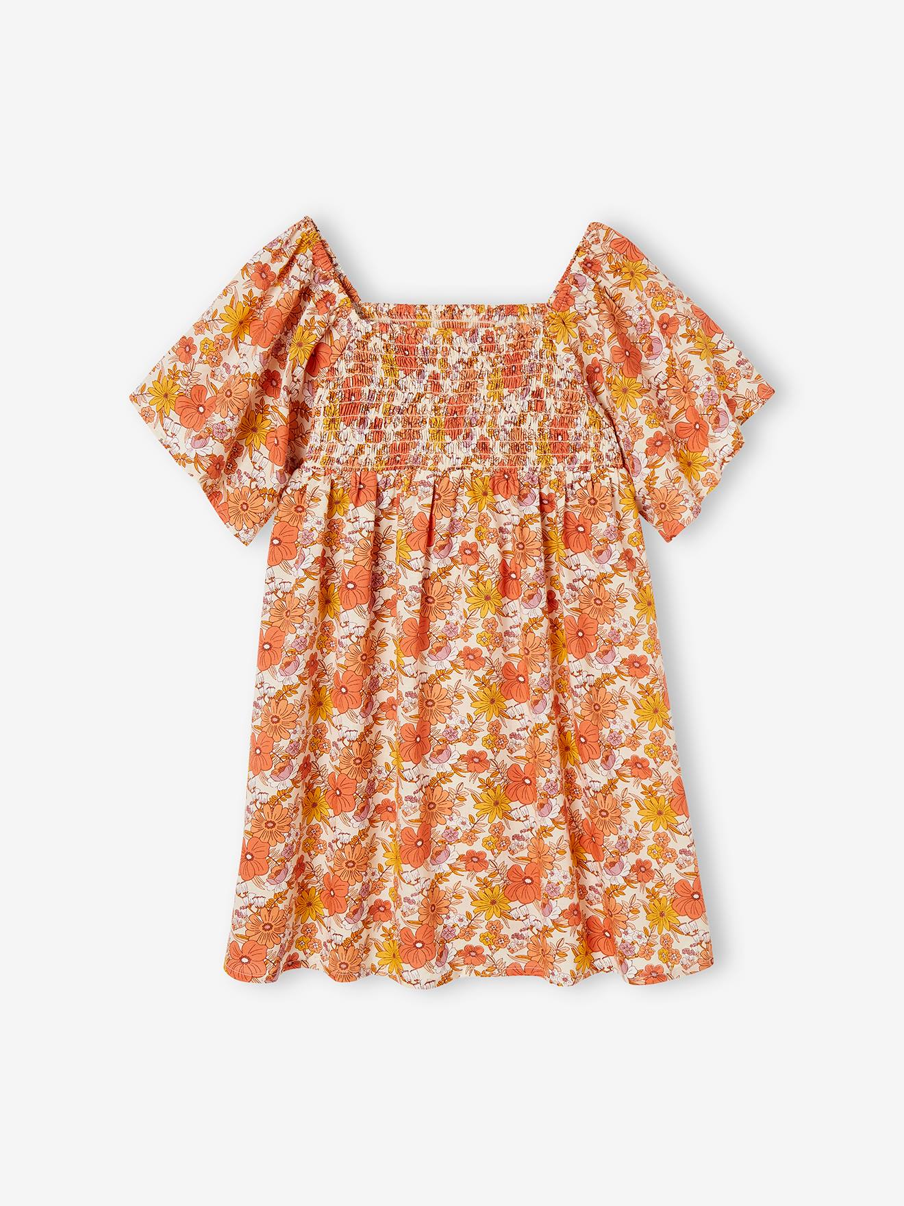 Vestido nude com estampa floral e detalhes franzidos para meninas
