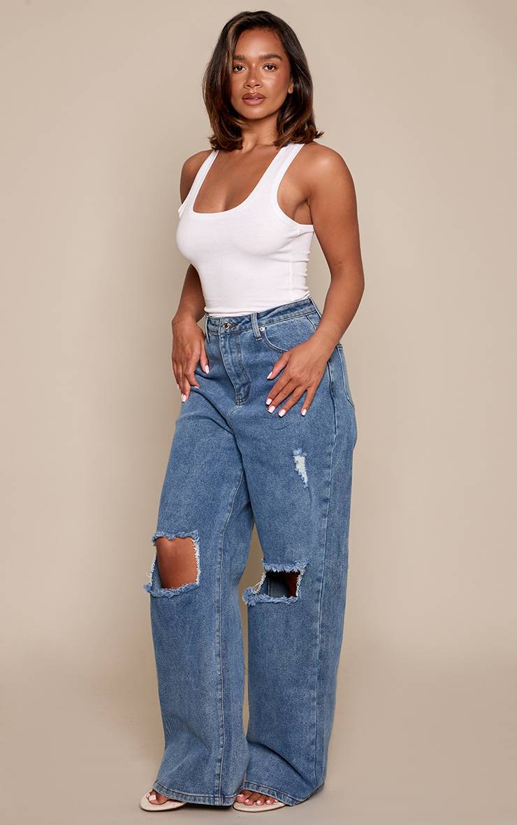 Vintage Mid Wash Jean Large En Denim Stretch Déchiré Aux Genoux Coupe Sculptante