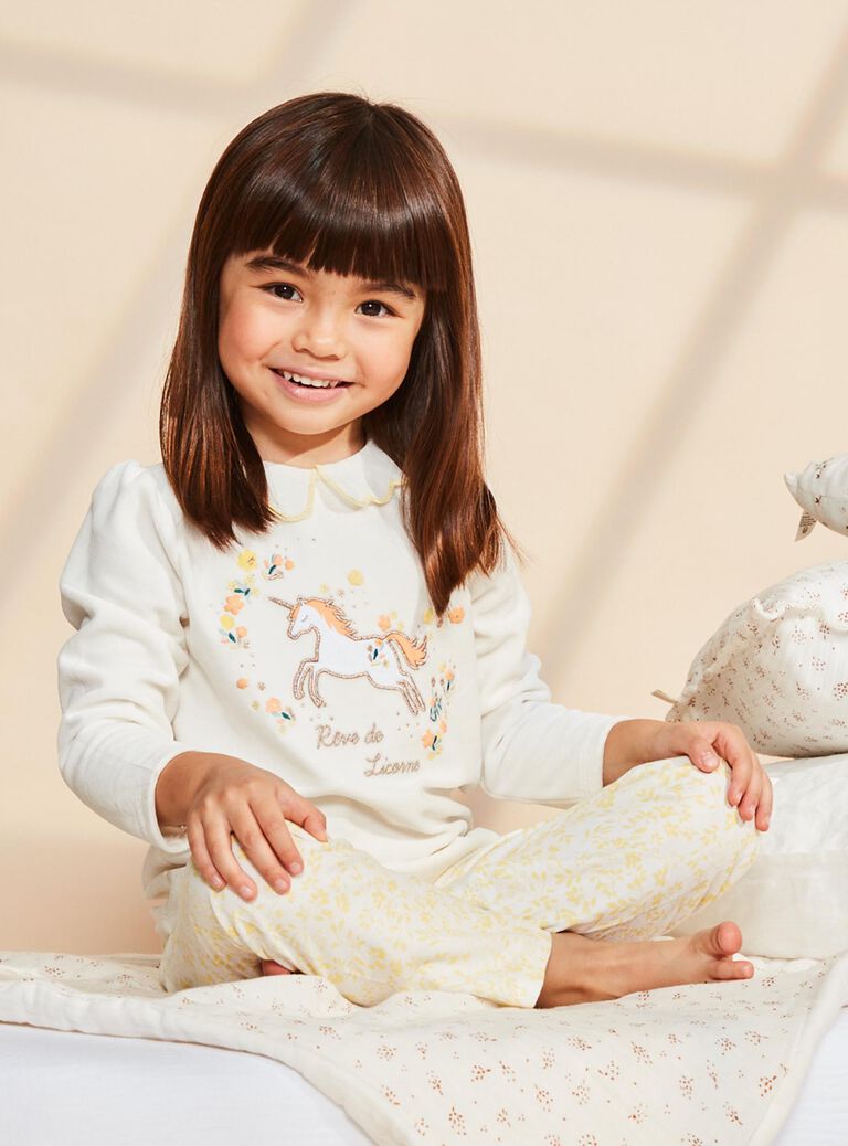 Pyjama en velours écru à motif licorne