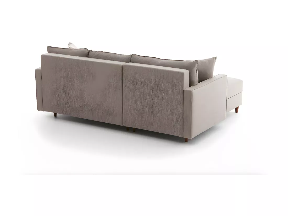 Canapé d'angle à gauche convertible avec pouf-coffre Evania Tissu Taupe