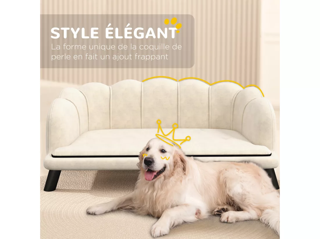 Canapé chien lit pour chien chat design contemporain coquillage dim. 98L x 60l x 35H cm coussin moelleux velours crème