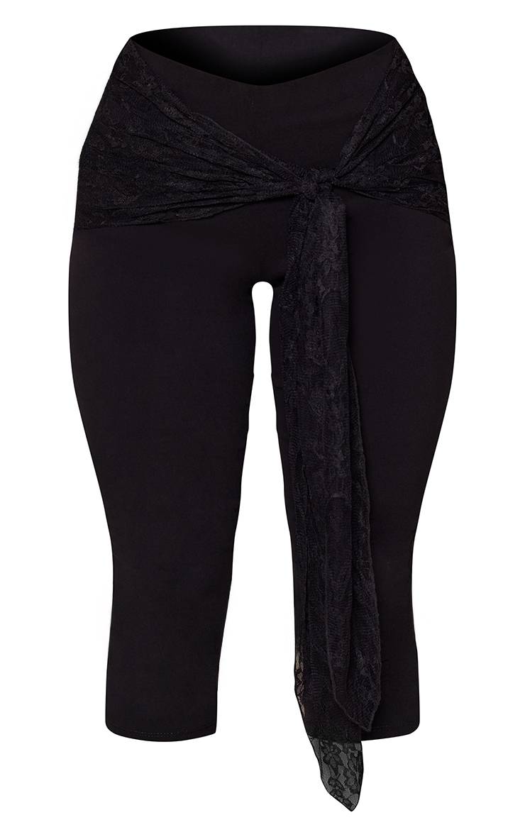 Noir Pantalon Capri Avec Détail De Drapé En Dentelle Tissée Extensible