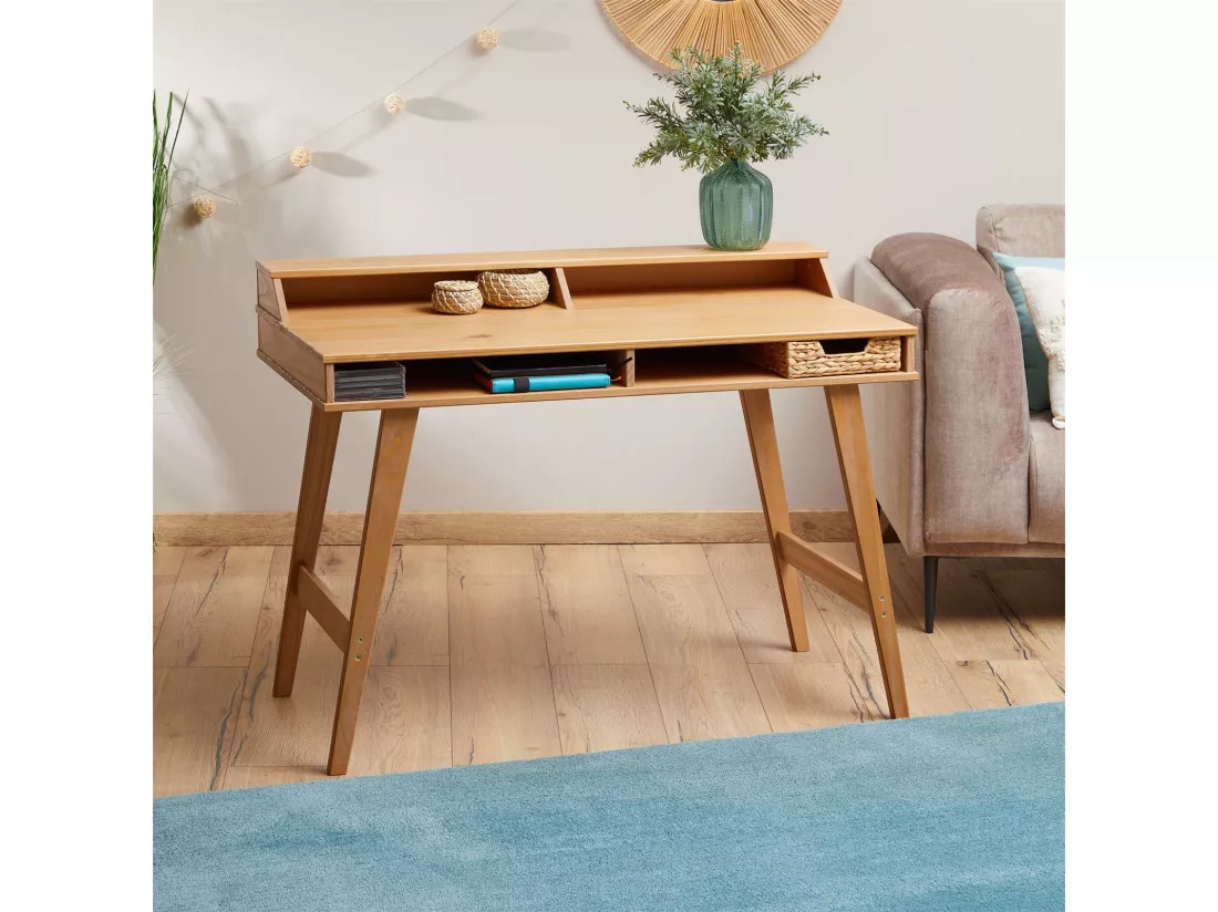 Bureau secrétaire LUNA avec niches 110 x 84 x 54 cm, En bois de pin massif, Rangement élégant et compact, Petit bureau, Brun