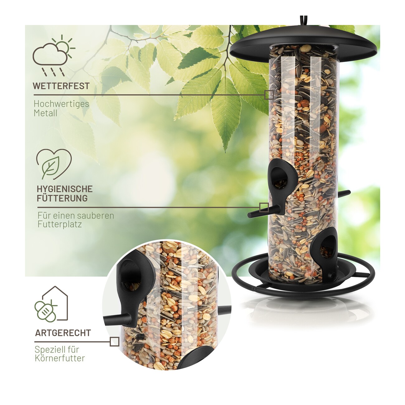 wildtier liebe Futtersäule für Samen, Körner & Kerne 26cm, Schwarz