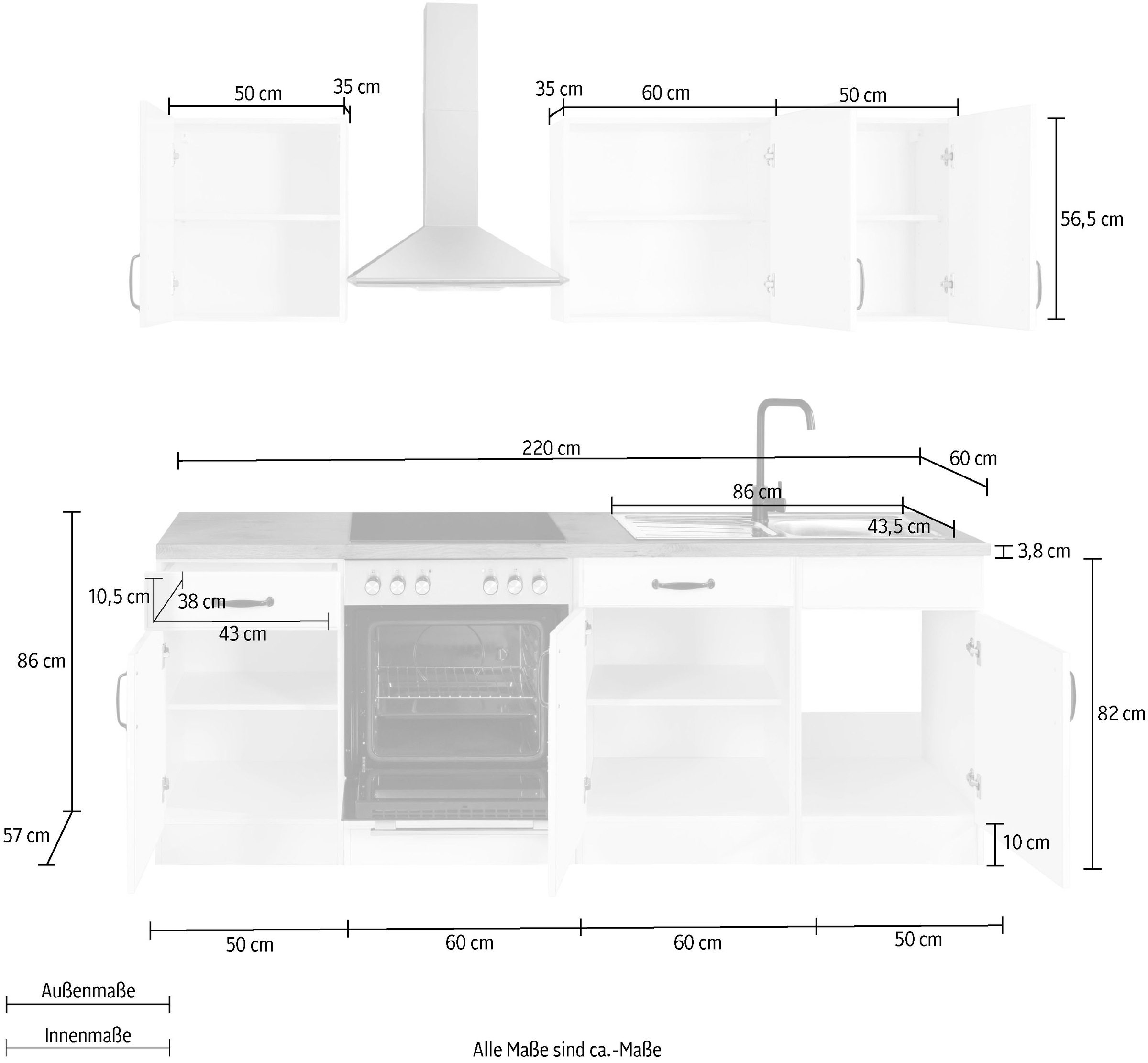 wiho Küchen Küchenzeile »Erla« ohne E-Geräte, Breite 220 cm