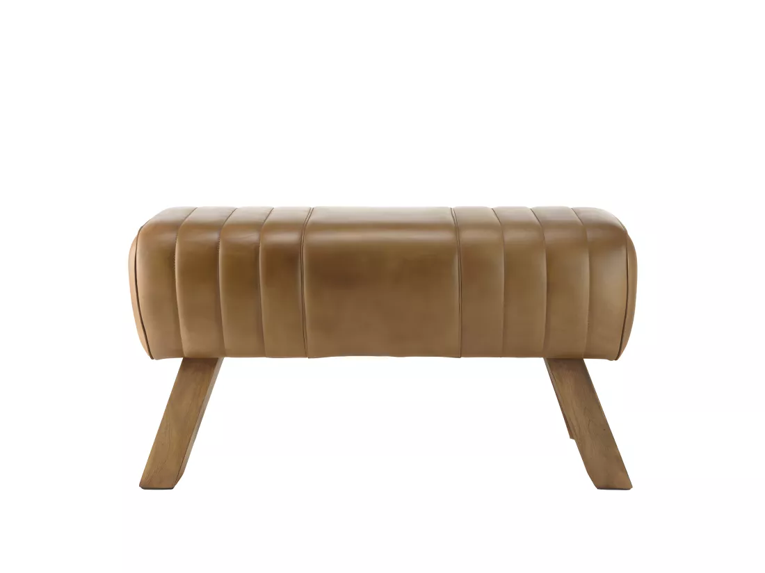 MARCEL - Banc matelassé cuir marron pieds inclinés en bois de manguier
