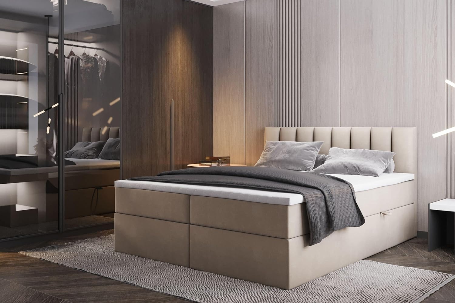 TRADA Boxspringbett mit Bettkästen und Bonell Matratze H3 - Elegant Bett Palermo mit Matratze und Topper - Beige - 160 x 200 cm
